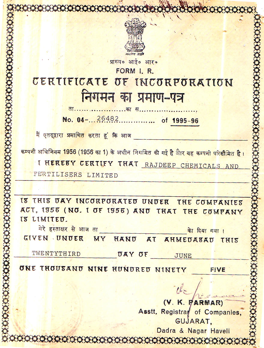 Certificate of Incorporation:
