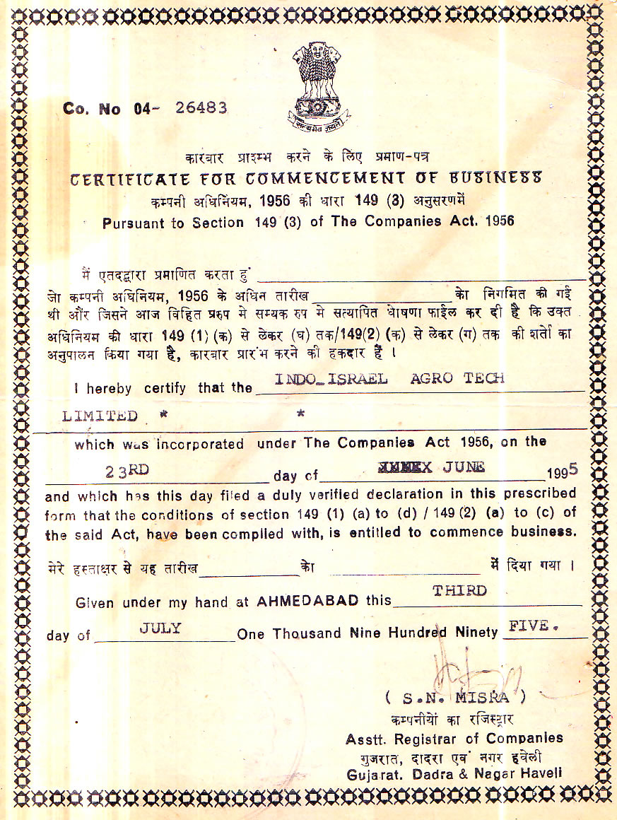 Certificate Of Commencement